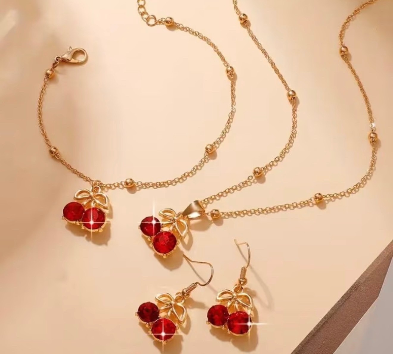 4pc Red Cherry Jewelry Set Stainless Steel Necklace Earrings Bracelet Ring y15