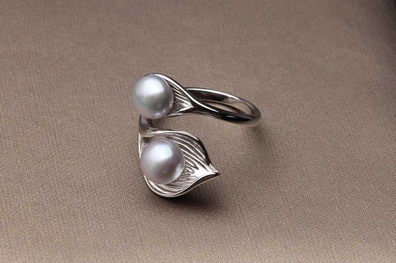 925 Sterling Silver Ring Freshwater Pearl Adjustable Double Band Jewelry