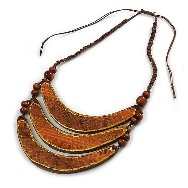 Tribal Layered Wooden Bar with Snake Print Leather Detailing Cotton Cord