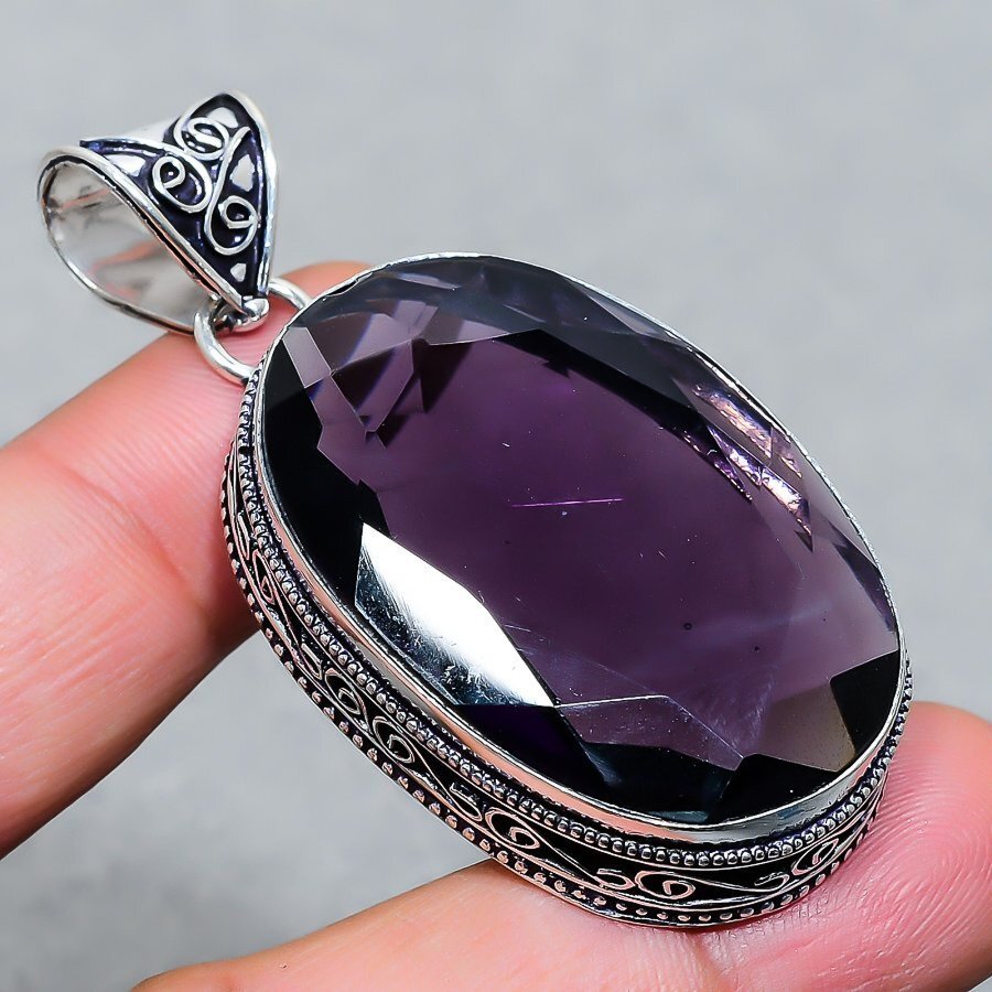 African Amethyst Oval Gemstone 925 Sterling Silver Jewelry Vintage Pendant 2.30″