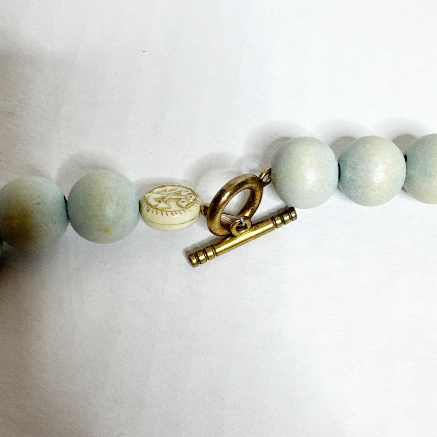 Boho Wood Bead Statement Necklace Light Blue Natural Tan Filigree Toggle 27 Inch