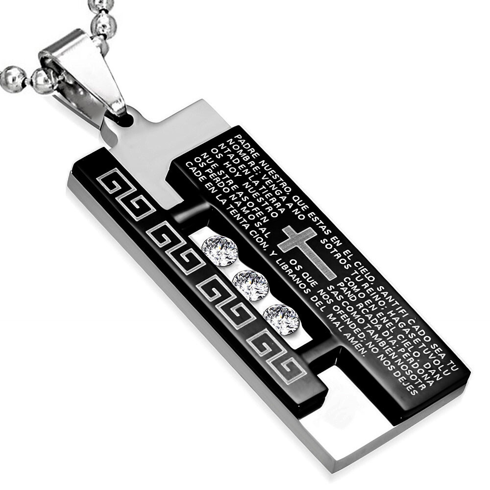 Stainless Steel Padre Nuestro Prayer Spanish Religious Cross Pendant Necklace