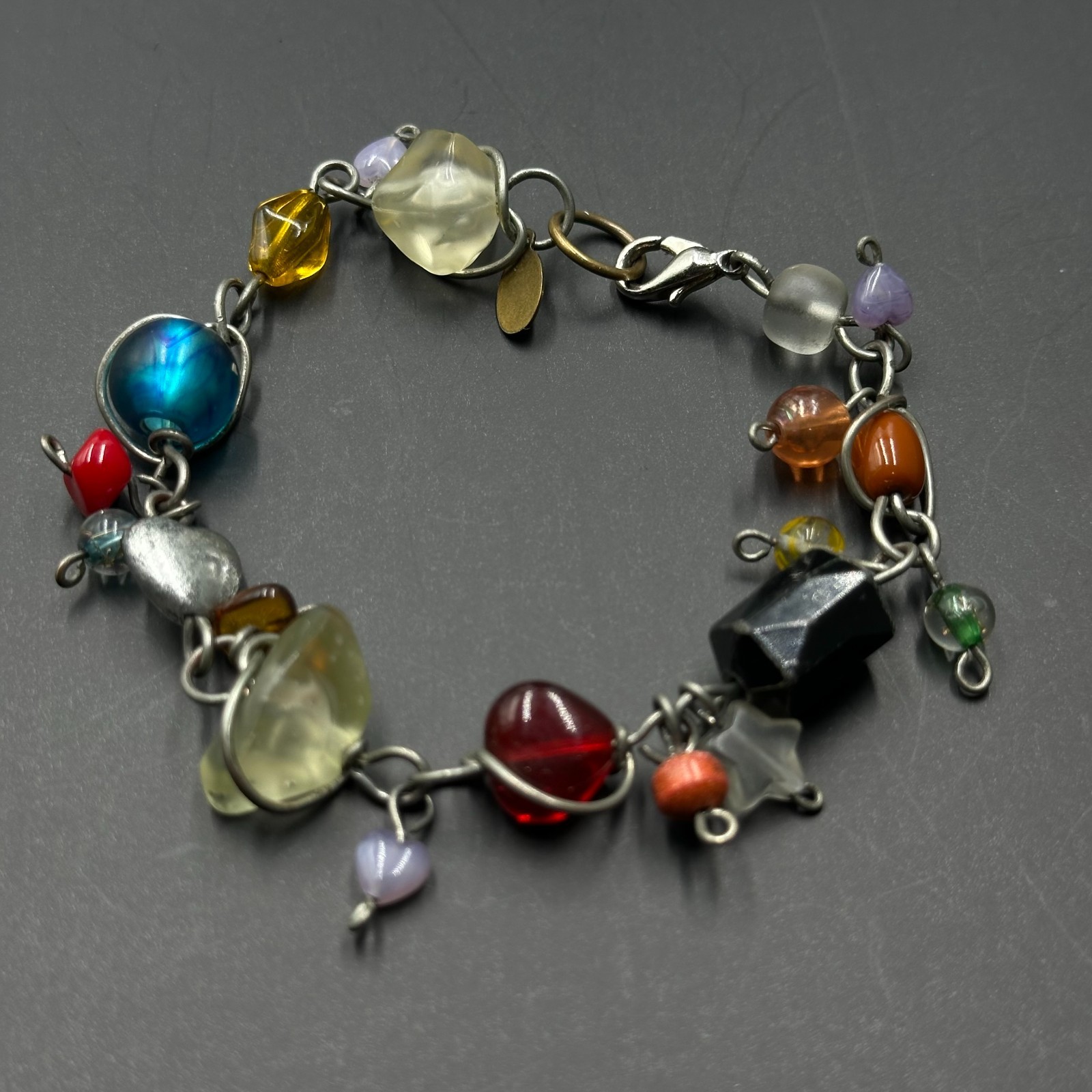 ABRA Bracelet Silver Tone Multicolored Glass Beads Wire Wrapped Boho Artsy 7.5″