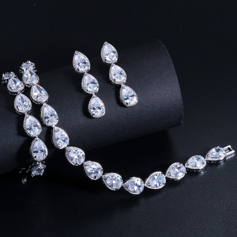 Silver Plated Bridal Wedding CZ Drop Necklace Bracelet Earrings Set for Women