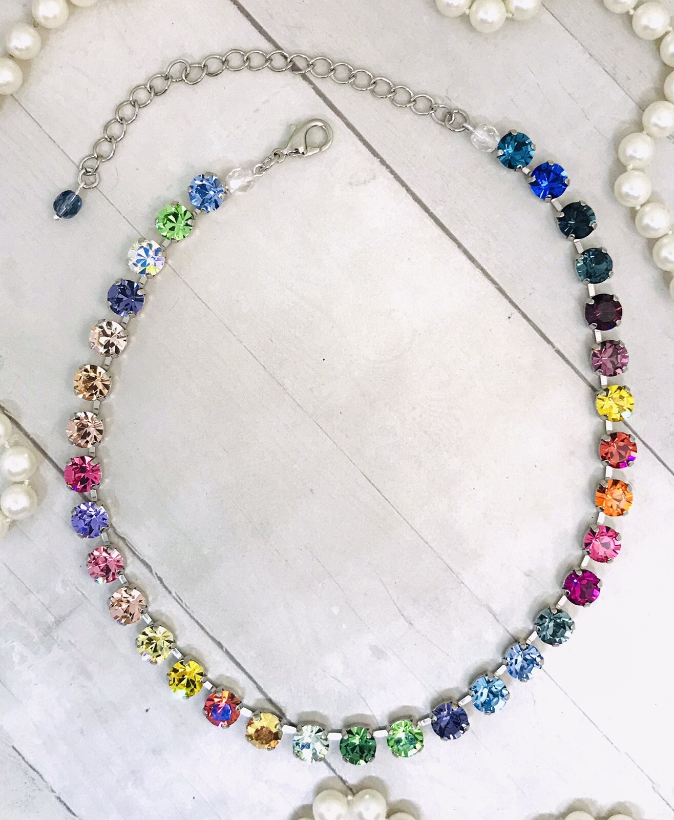 Silver Plated 33 Stone Colorful Rainbow Cup Chain Crystal Necklace