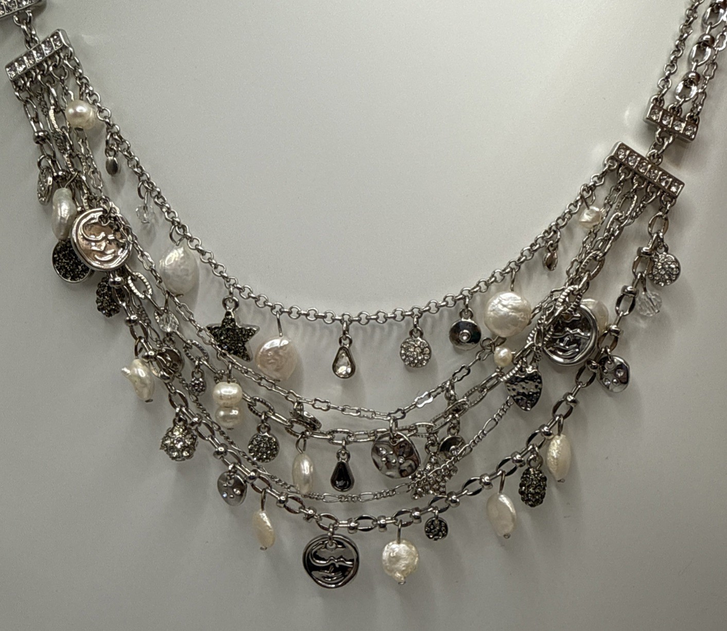 Tommy Bahama Silver Necklace Multi-Strand Freshwater Pearls Stars Beach Charms