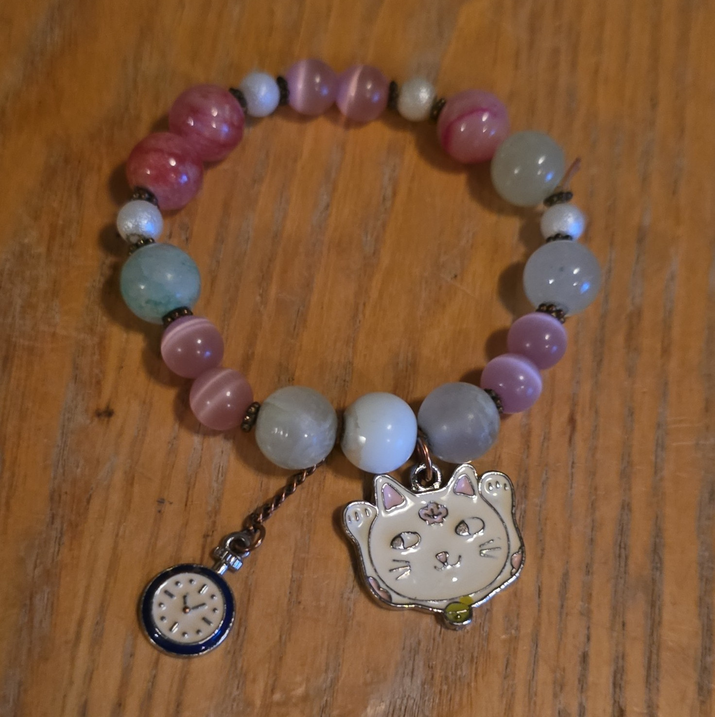 Signed Multicolor Beaded Charm Bracelet Pink & Blue Beads Cat Face Clock Dangle