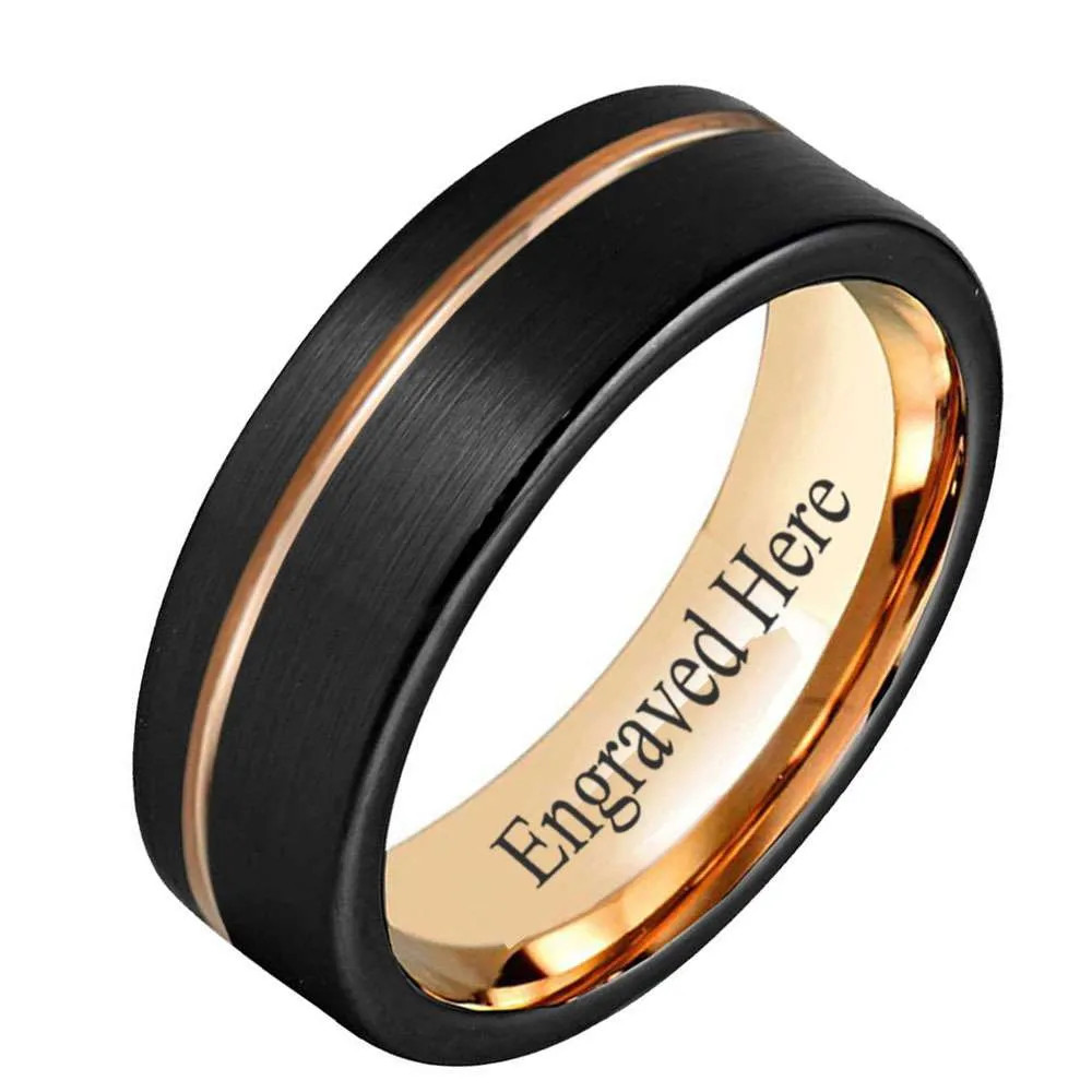 8mm Black Rose Gold Grooved Tungsten Ring ? Mens Custom Wedding Band