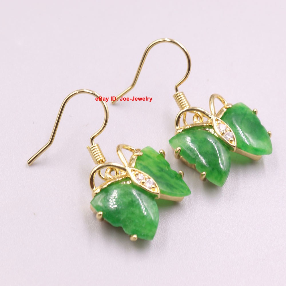 New Arrival Gold Plated Alloy Heated Green Jade Butterfly Dangle Earring