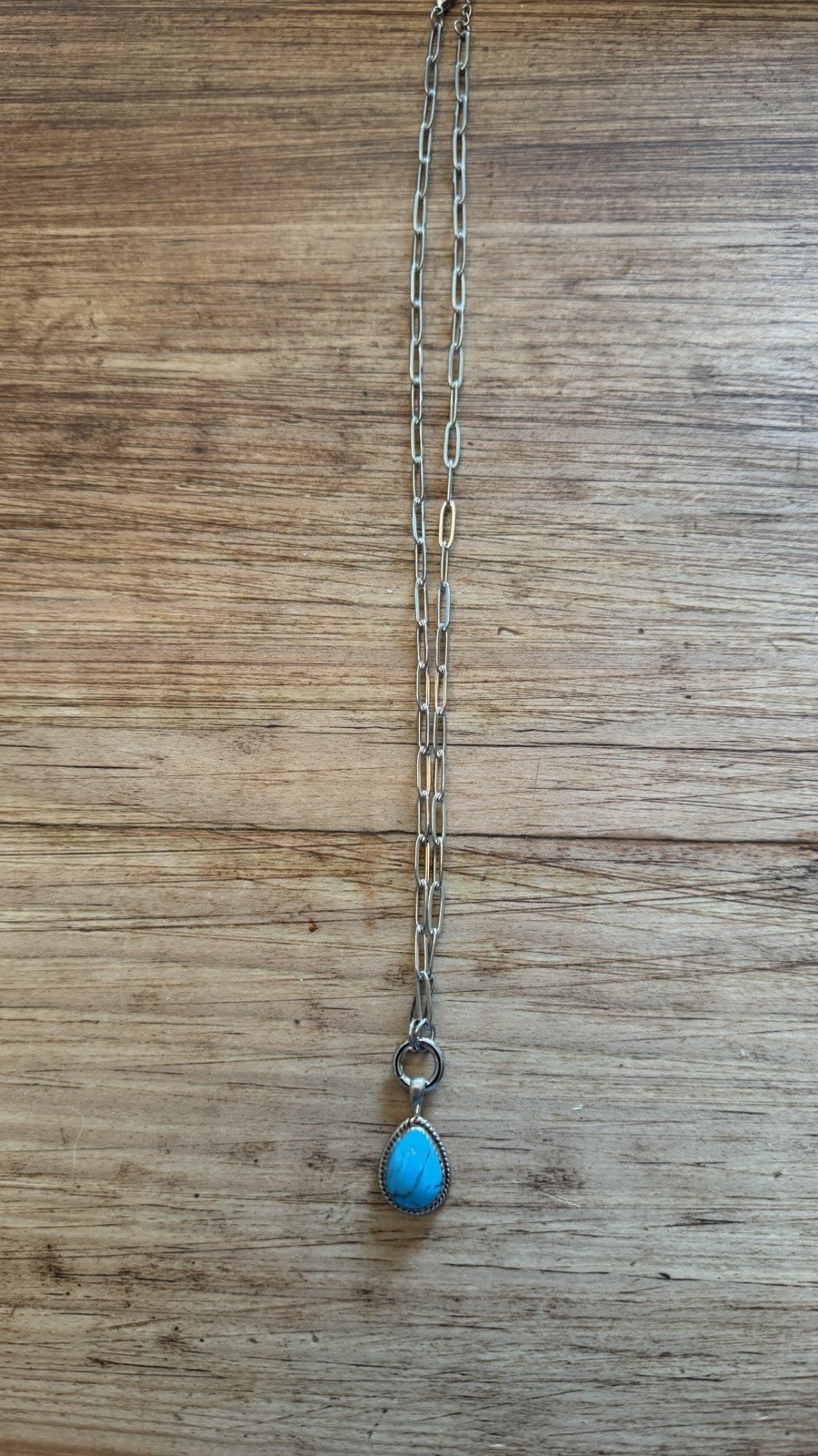 Turquoise & Sterling Drop Pendant Stainless Paperclip Charm Holder Necklace 25”