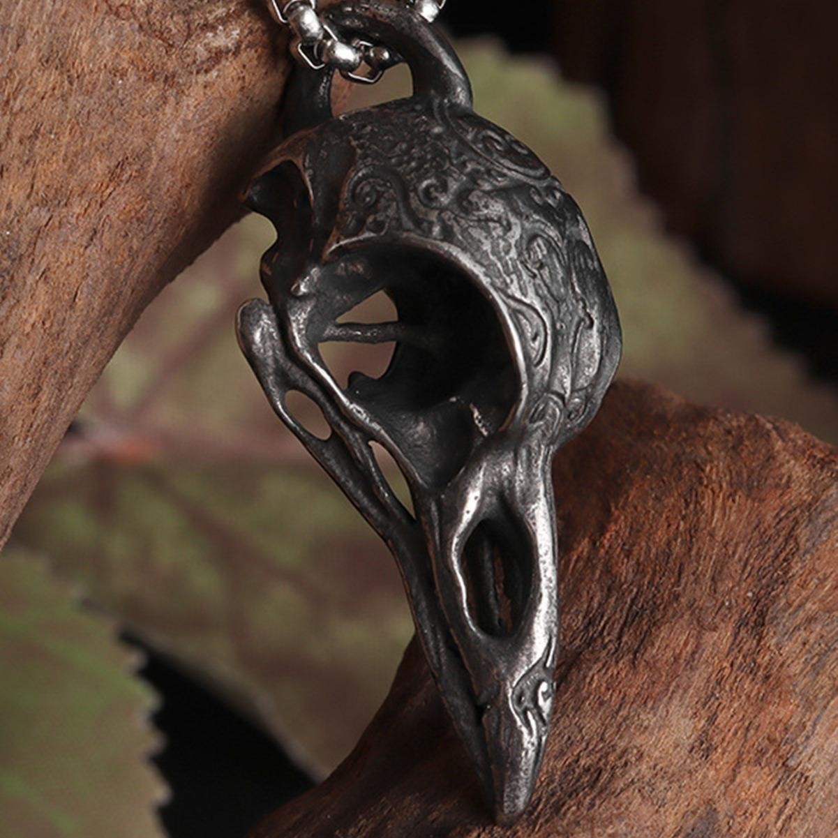 Retro Nordic Crow Skull Pendant Necklace, Bird Amulet Jewelry Gift for Men Perso