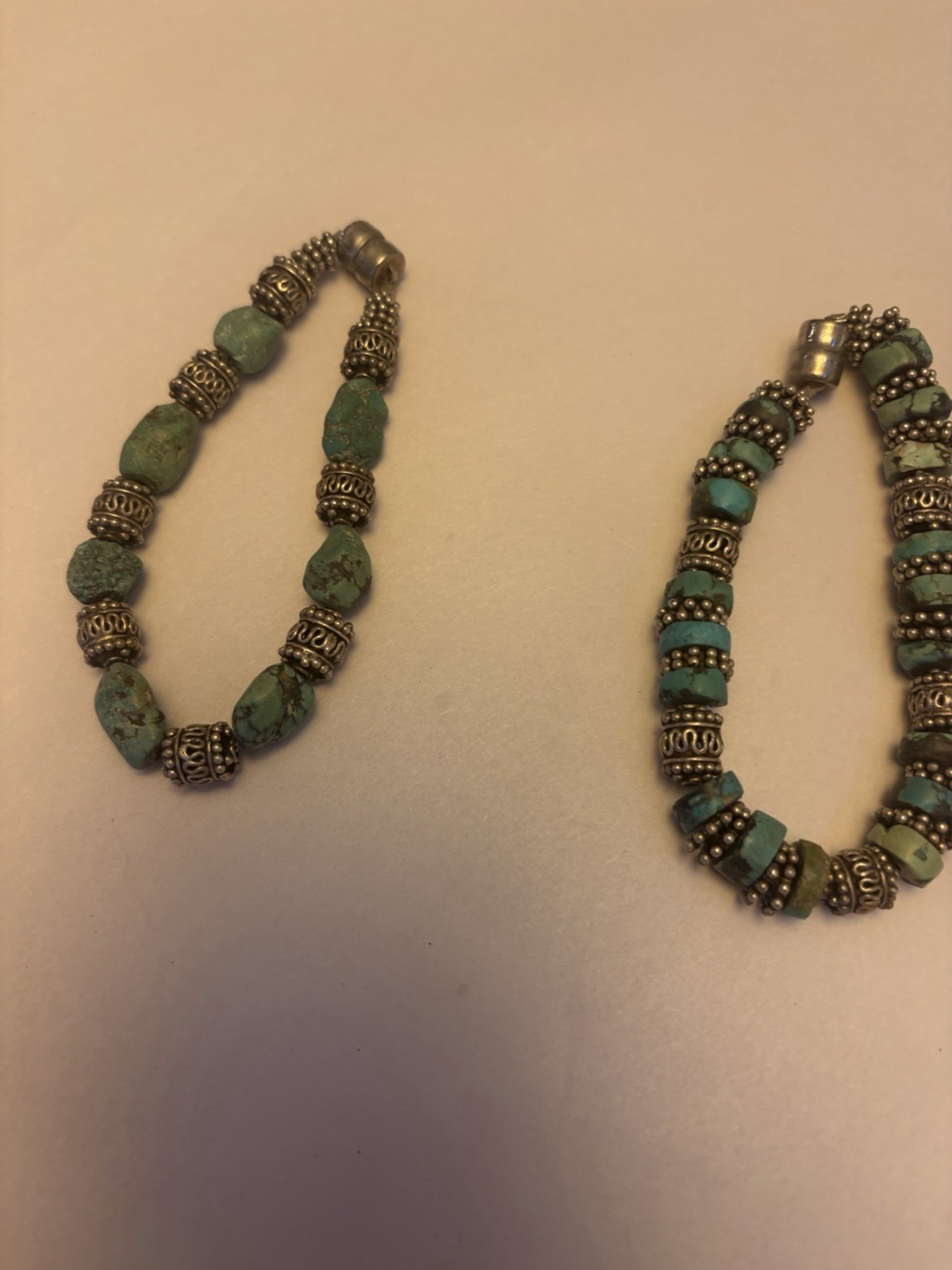 Turquoise Stone Bracelet Set of 2 Silver Tone Beaded Magnetic Clasp Boho