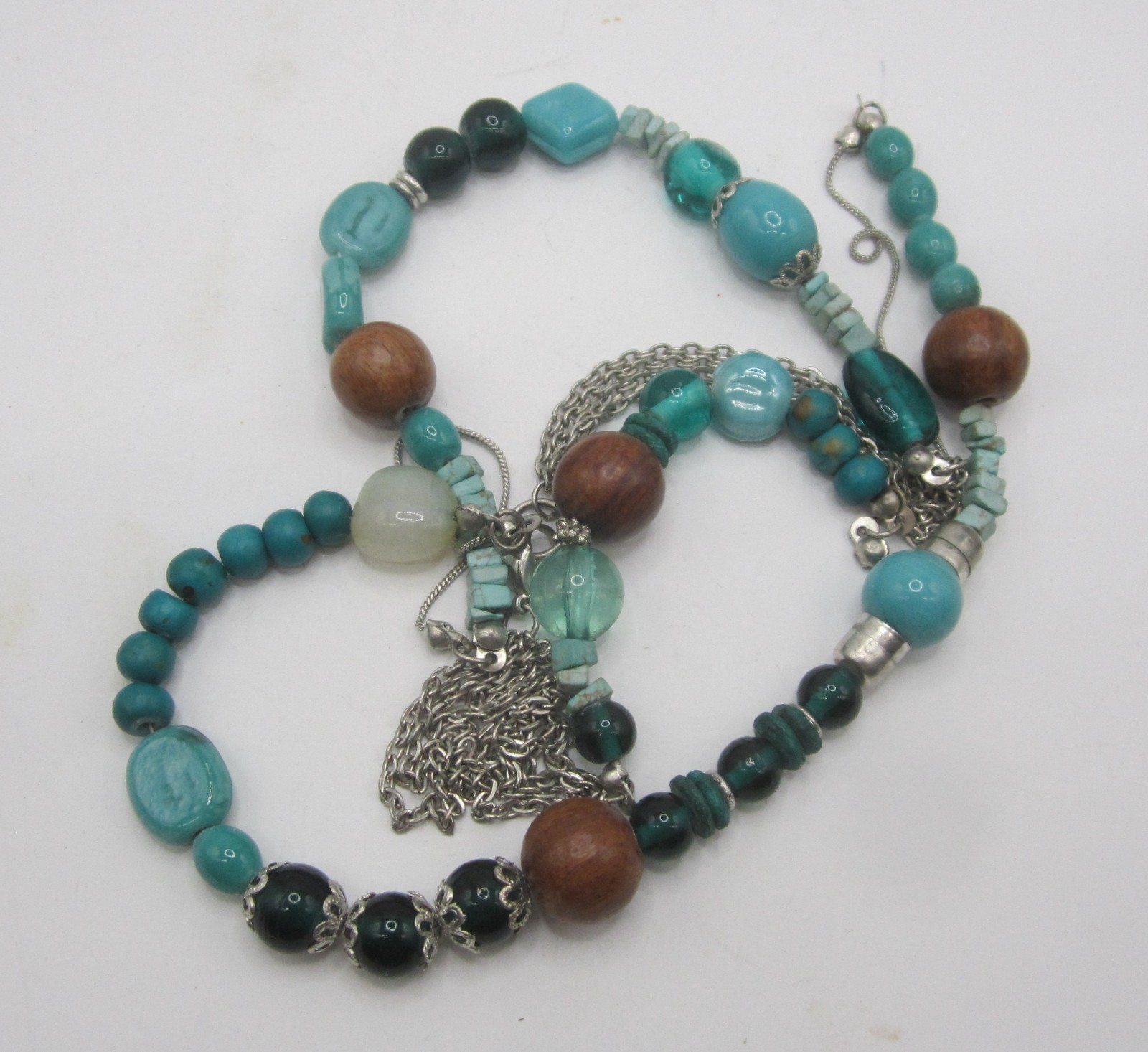 Blues, Silver & Brown Long Strand Necklace 42”