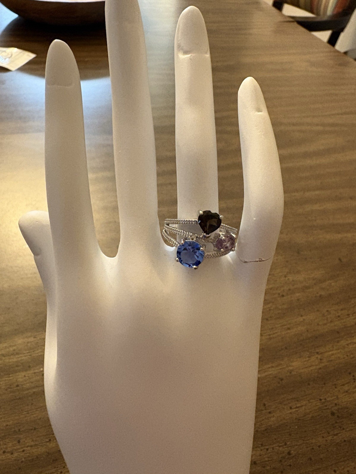 Multi-Band Sterling Silver Ring with Blue, Purple, and Heart-Shaped Natural Gem