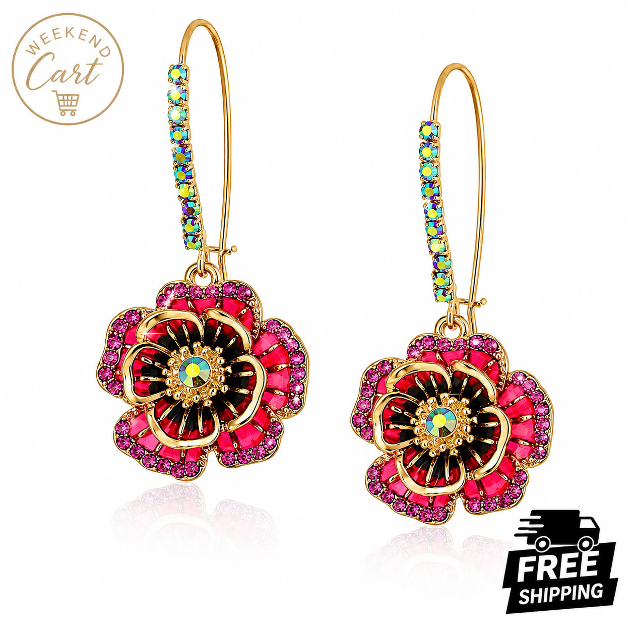 Pink Rose Flower Dangle Earrings Gold Tone Crystal Rhinestone Women’s Jewelry