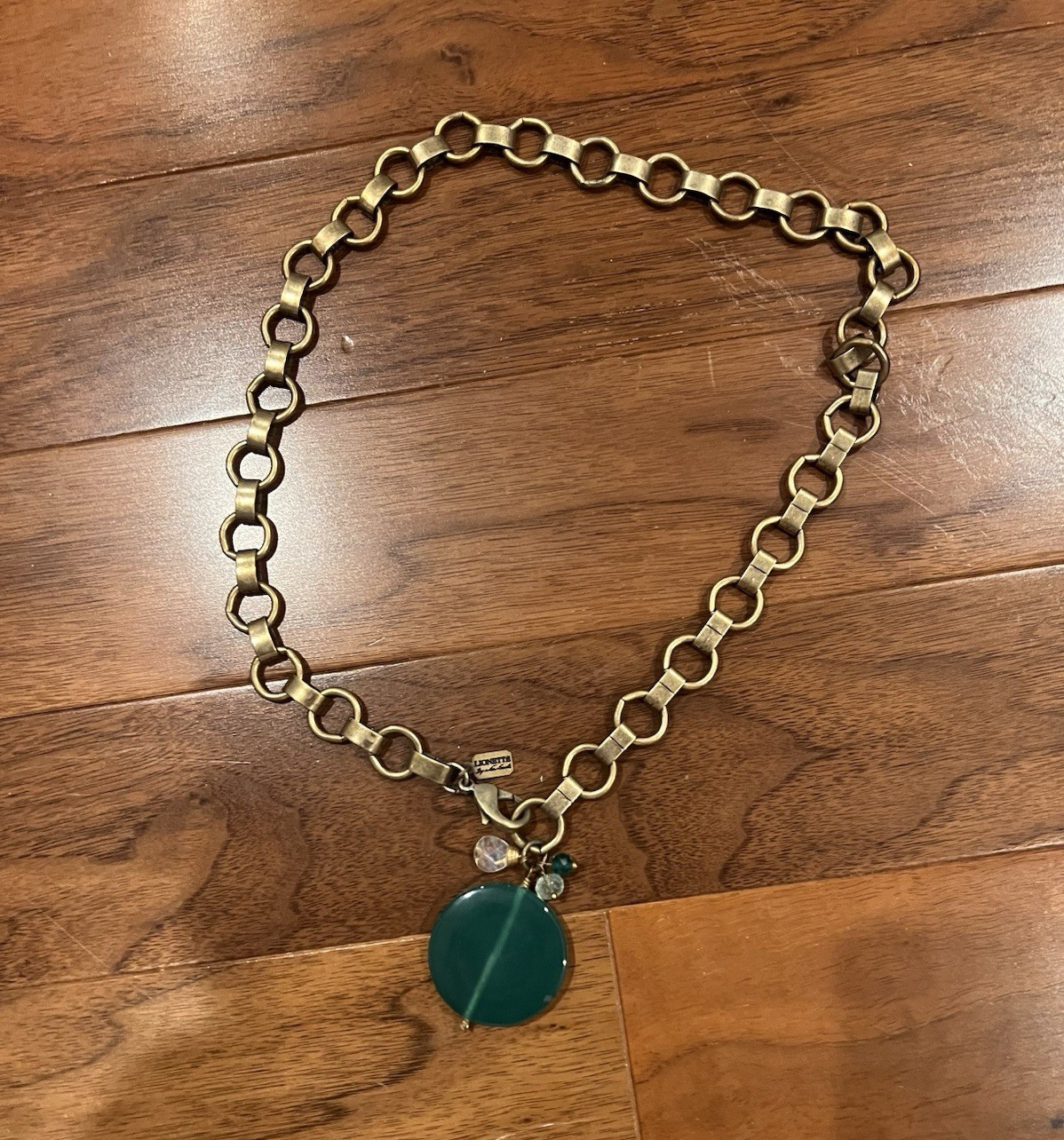 Lionette brass Tone Link Chain Necklace with Green Round Charm Pendant