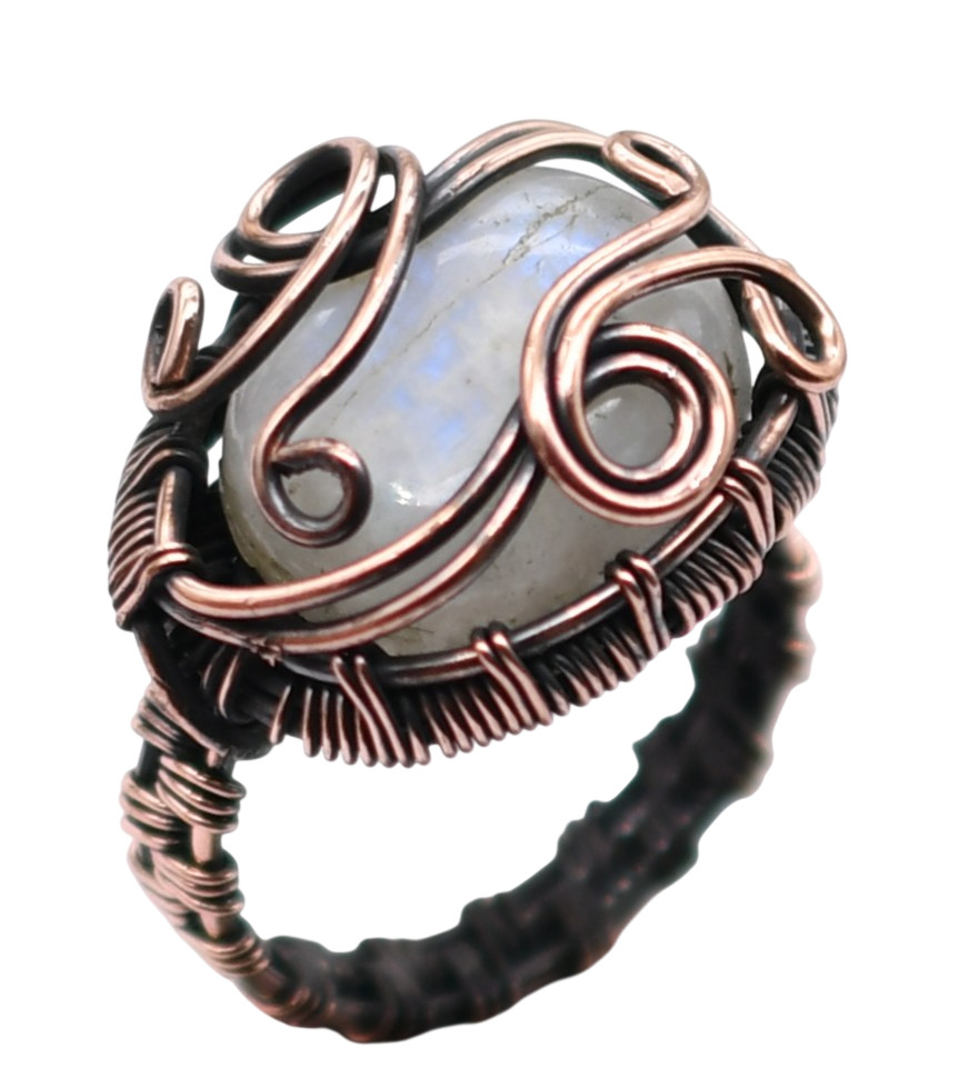 Moonstone Natural Gemstone Copper Wired Ring US Size-10 R 4713