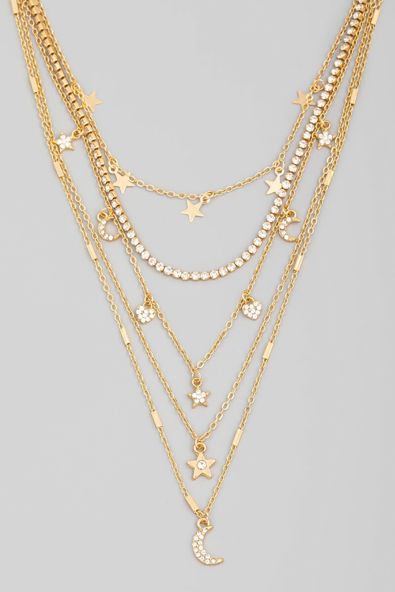Womens Multi Chain Layered Rhinestone Fashion Charm Statement Necklace