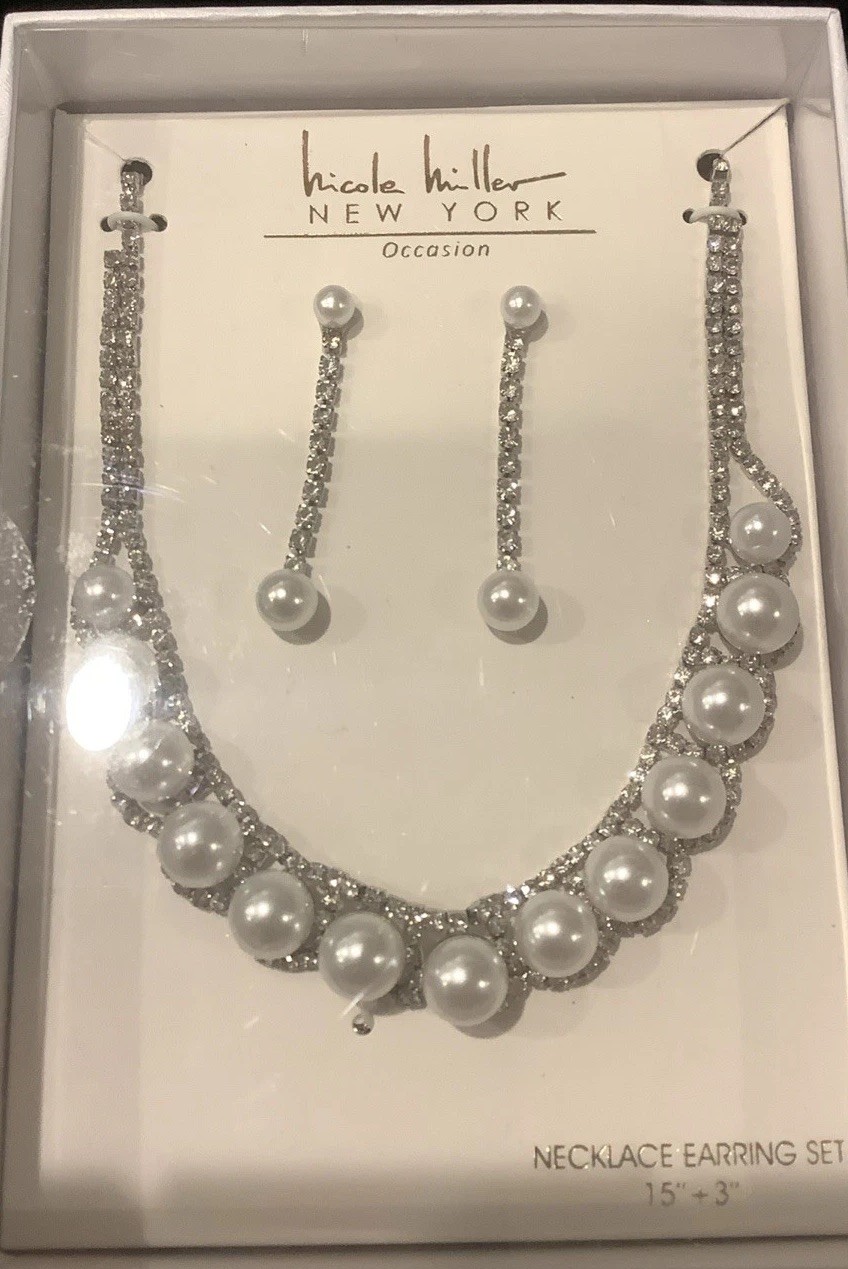 NEW Nicole Miller NY Special Occasion Wedding Necklace Earring Set 15″& 3″
