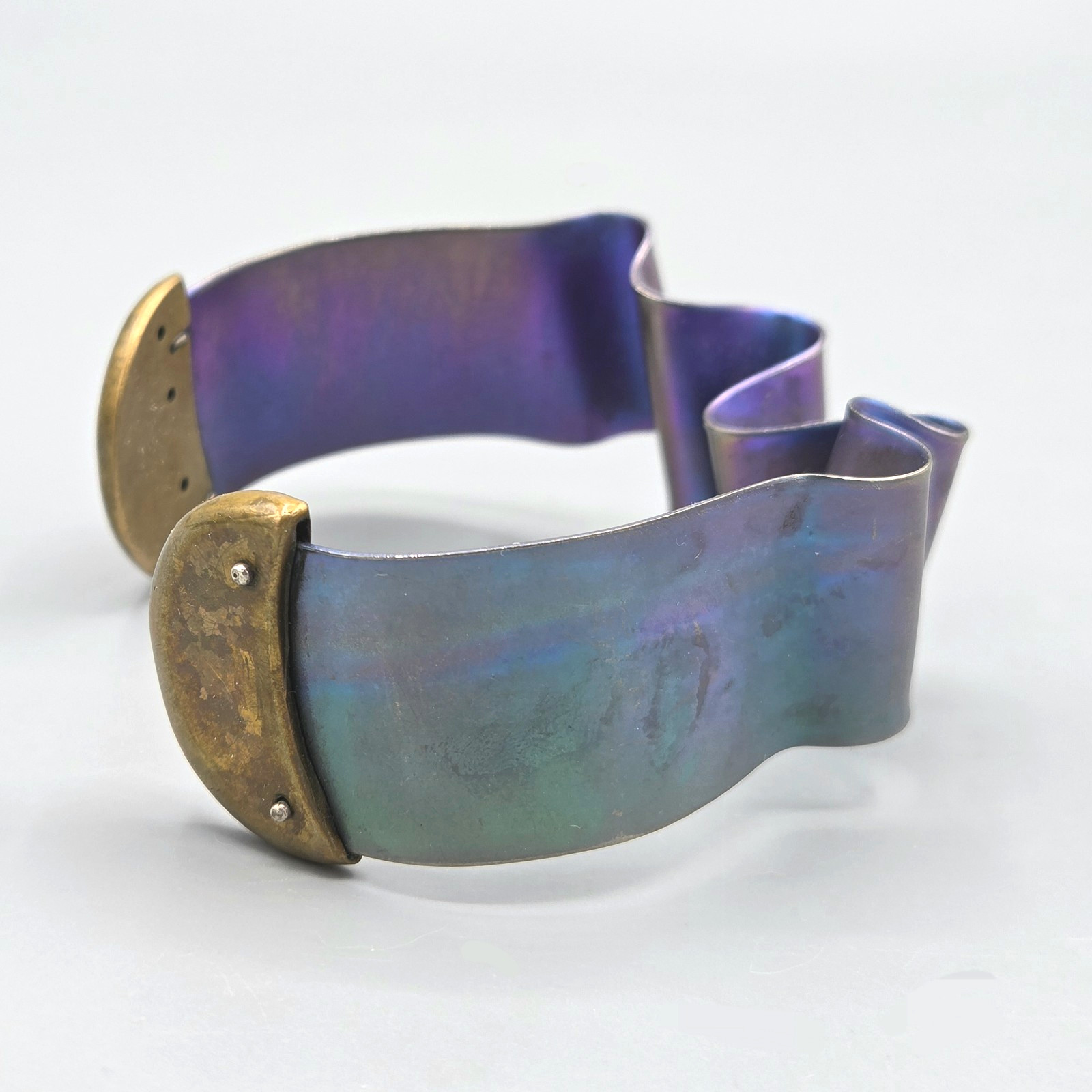 Vintage Niobium or Anodized Titanium Blue Brass Ribbon Ruffle Cuff Bracelet