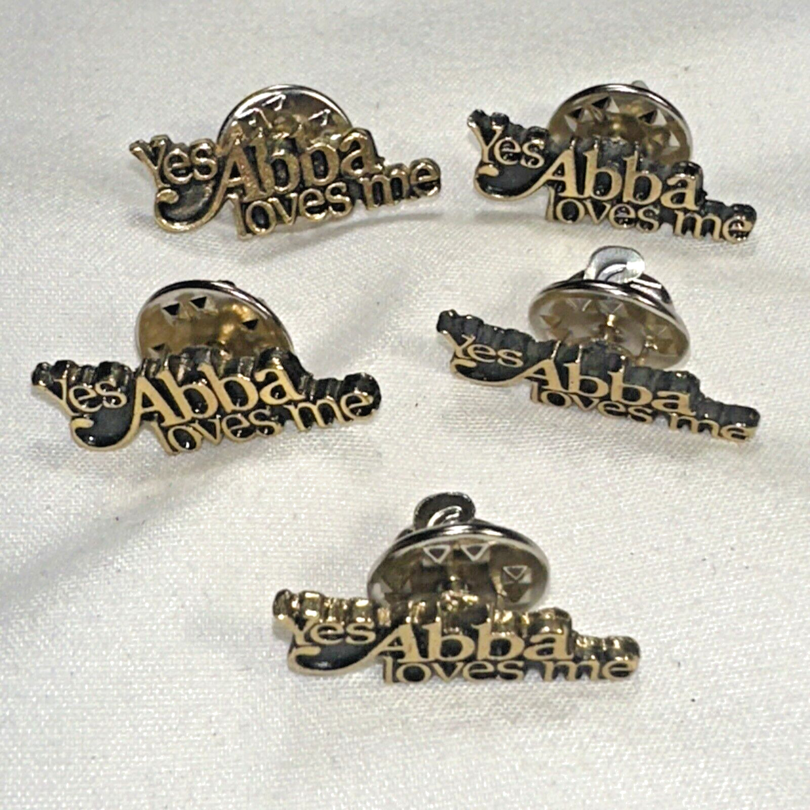Lot of 5 Gold Color Metal “YES ABBA LOVES ME” Christian Brooch Lapel Tie Pin