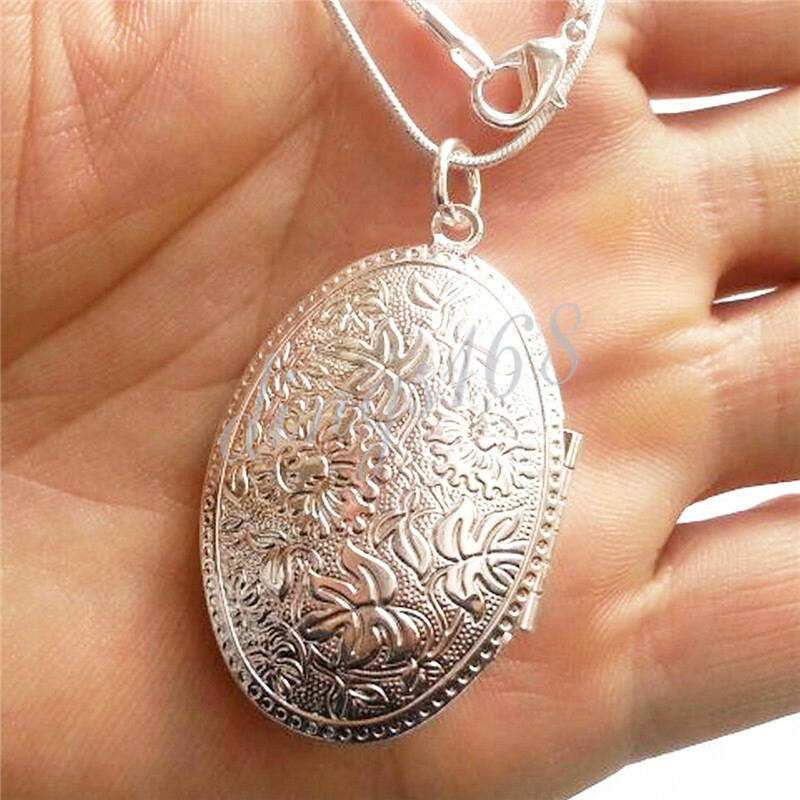 REAL 925 Sterling Silver Large Oval Shape Photo Locket Pendant+ 16″~38″ Necklace