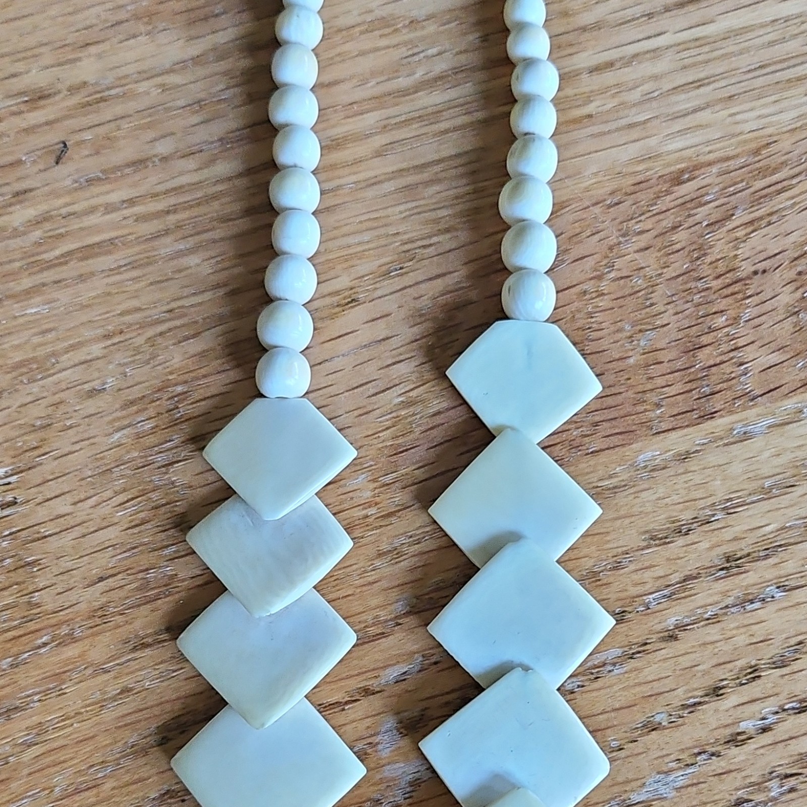 White Bone Beaded Statement Necklace, Ball/Square Bead, Boho Style, 9″ Long