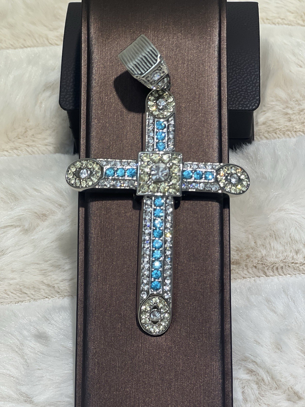 Religious Cross With Yellow White And Blue Stones Jewelers Alloy Brass