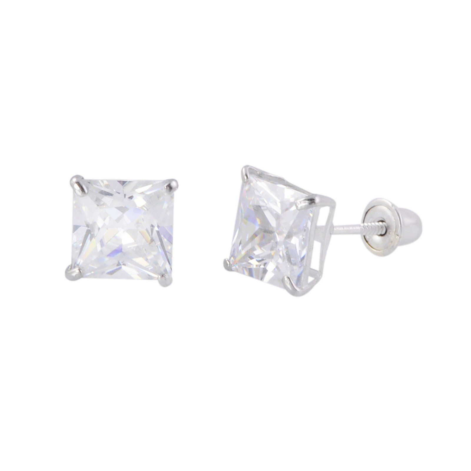 Square 14k White Gold Earrings Clear Princess Cut CZ Studs Screw back Basket Set