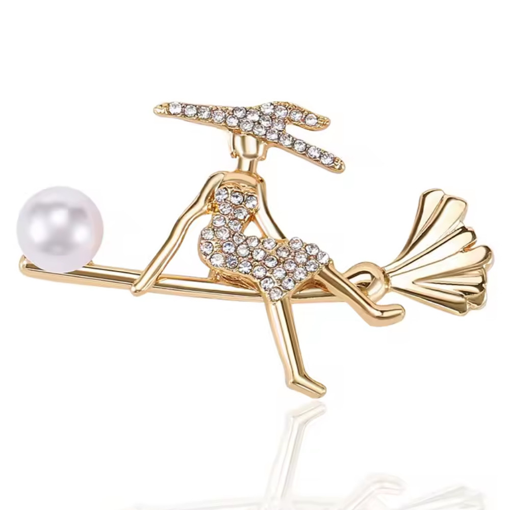 Halloween Witch Brooch Pin Crystal Pearl Broomstick Costume Jewelry Elegant Gift