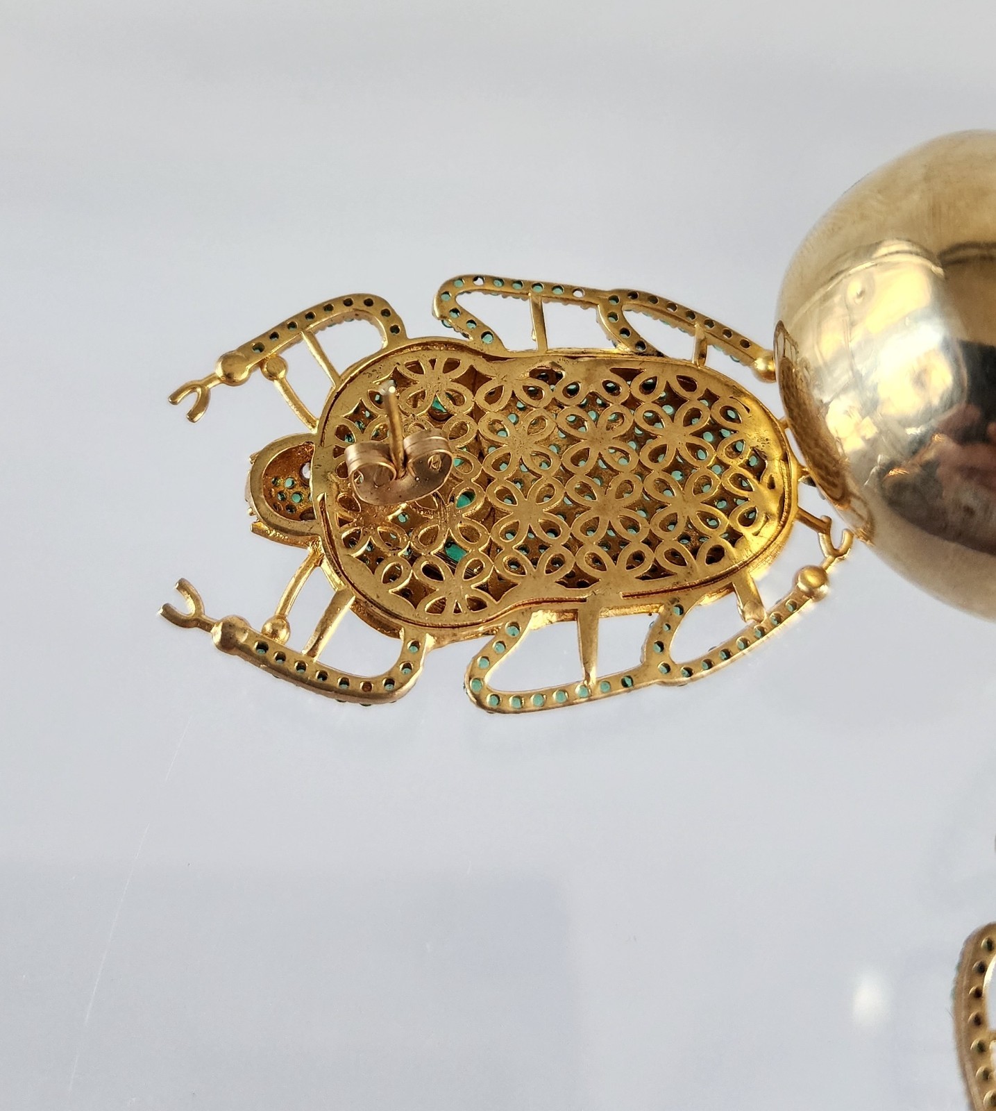 Oversized Beetle Earrings Gold Plated & Pave Simulated Emerald Begum Khan Style