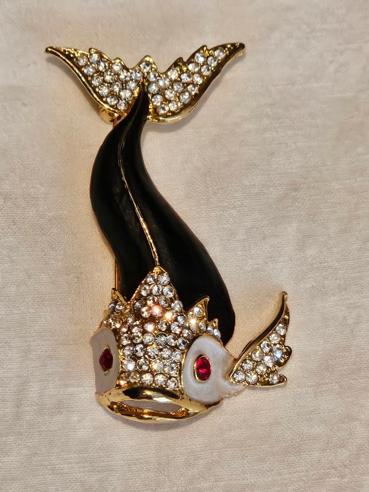 Kenneth Jay Lane KJL Black Enamel & Crystals Koi Fish Pin Brooch