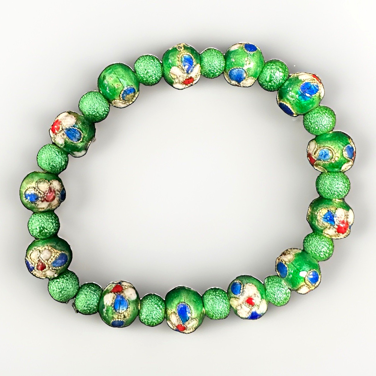 Green Beaded Stretch Bracelet Round Beads Blue Red Gold Stackable No Clasp
