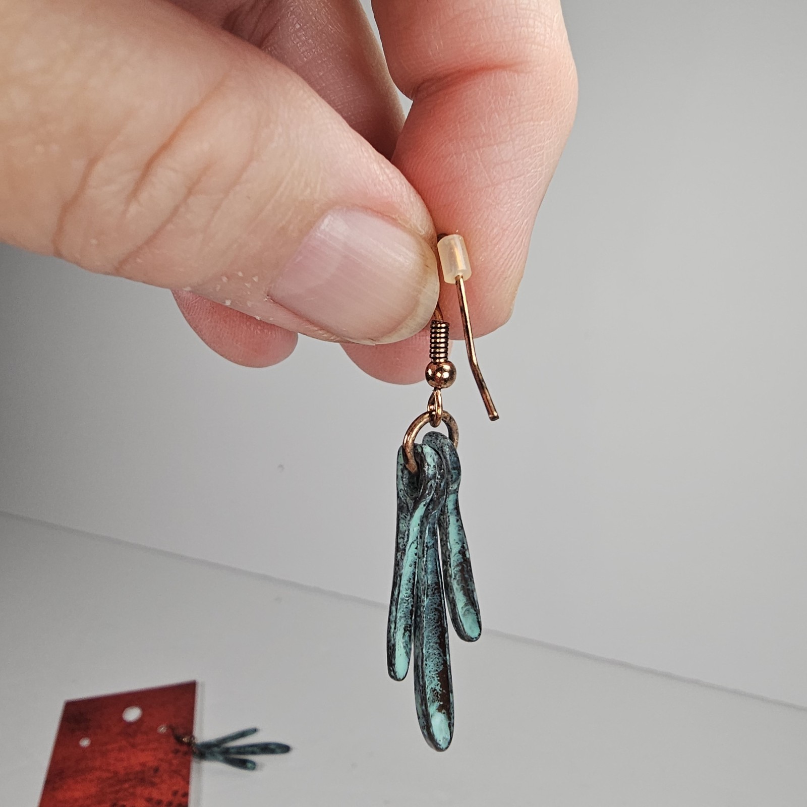 Scarlett Boutique BOHEMIAN Dangle Earrings – Green Metal and Copper 2 1/8 in.