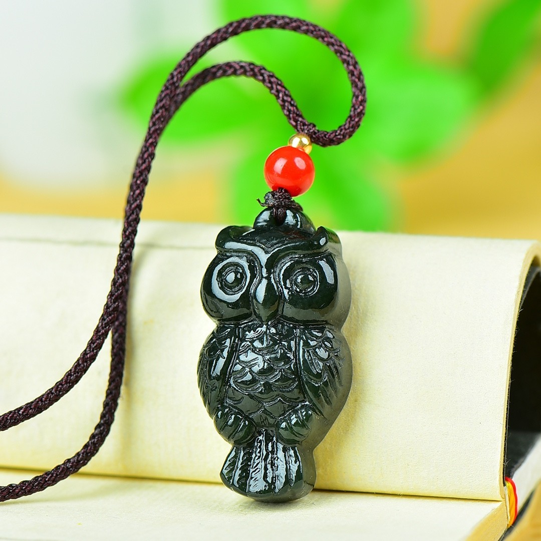 Hetian Jade Owl Pendant Necklace Wisdom Lucky Noble Protection Amulet