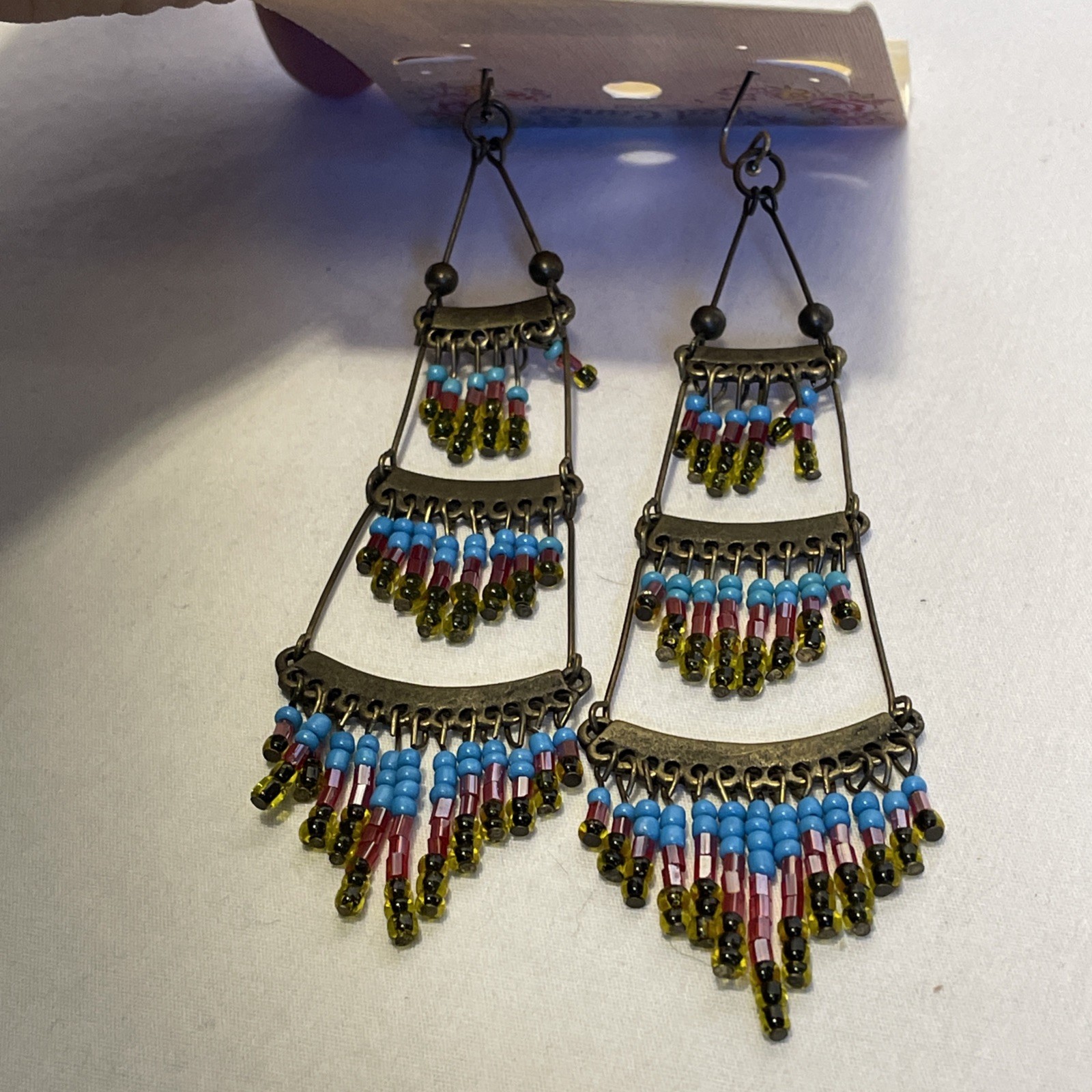 Red Camel Boho Micro Bead Chandelier Earrings 3 Tier Fringe Dangle Drop 4.5″