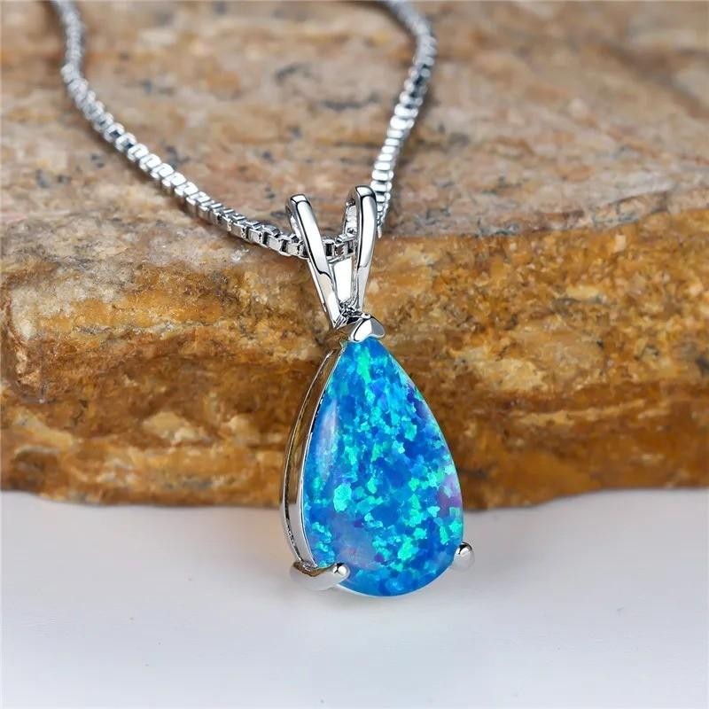 White Opal Stone Pendant Minimalist Droplet Fire Opal Necklace Sterling Silver