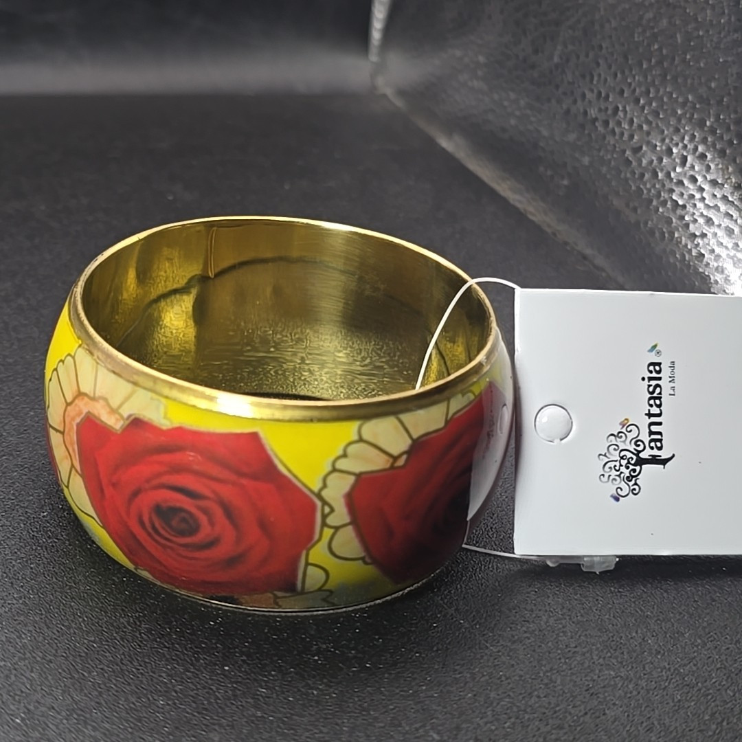 India Chunky Bangle Bracelet Yellow Red 2.5″ Diameter Floral Rose Fantasia New