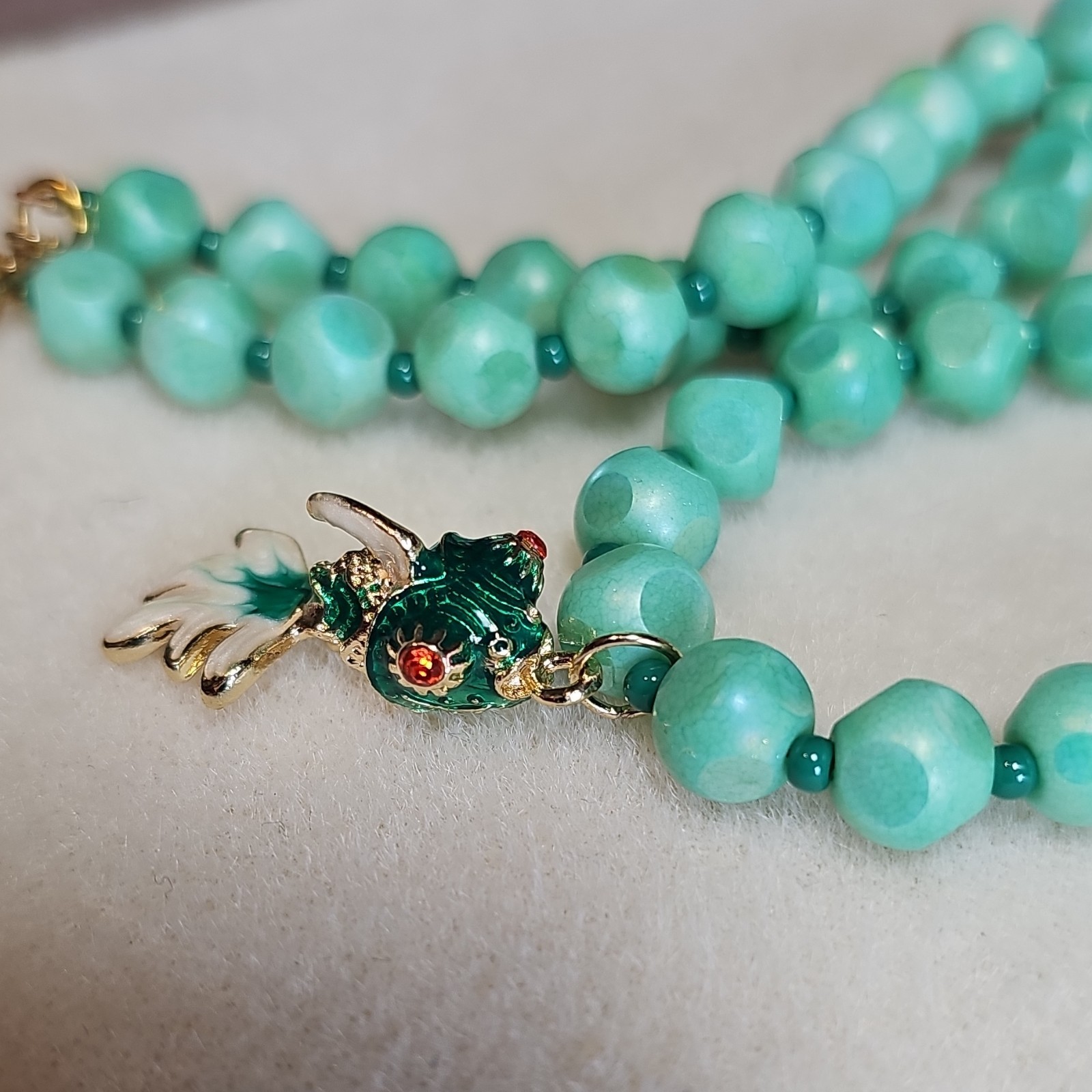 Handcrafted Green Glass Necklace W Enamel Koi Goldfish Charm Lobster Clasp