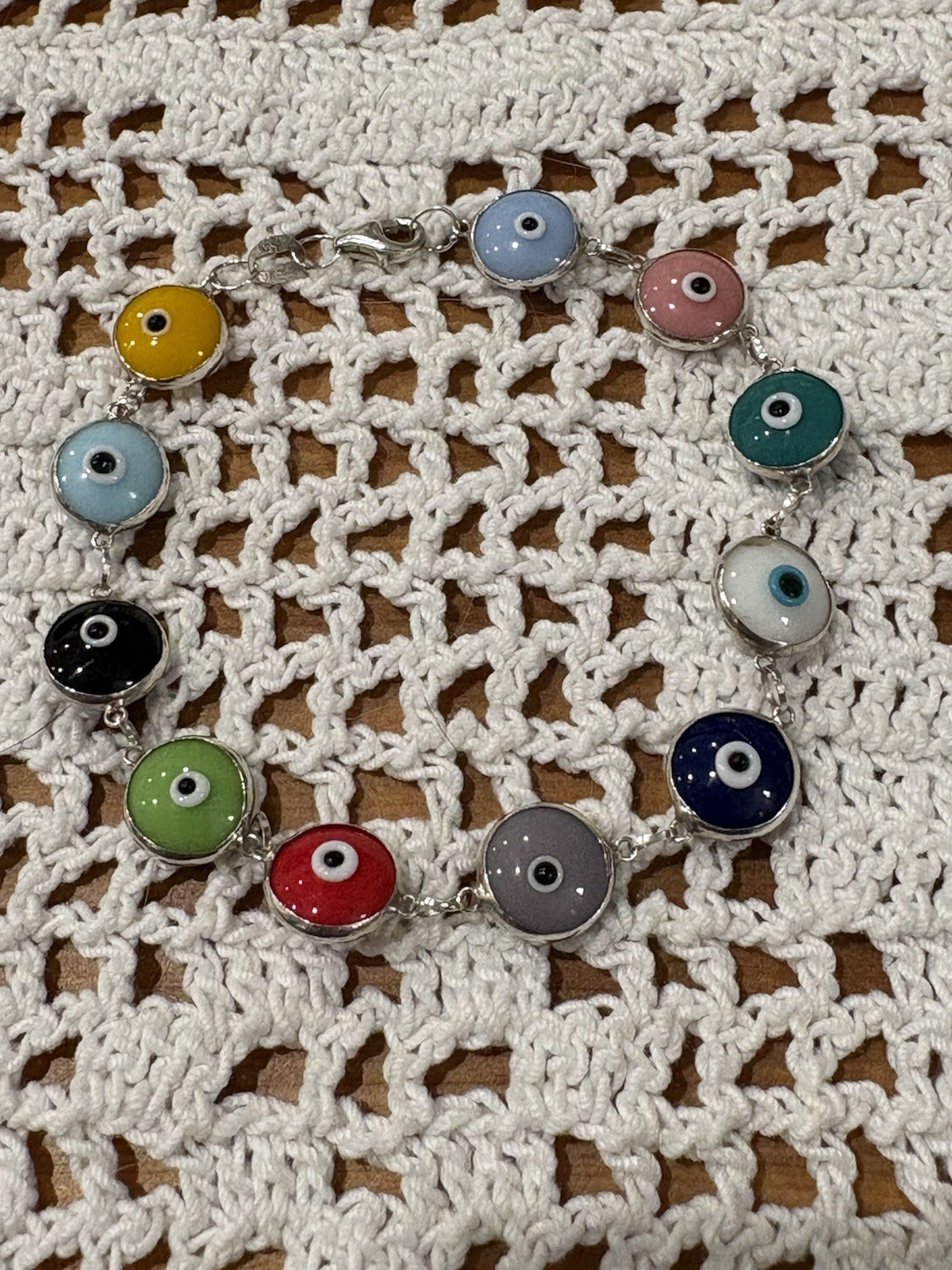 Multi Color Evil Eye Good Luck Bracelet Real 925 Sterling Silver 7.5 Inches