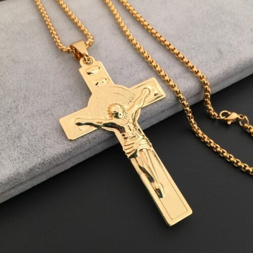 Mens Religious Jesus Cross Pendant 29″ Smooth Box Link Chain Necklace #NE23