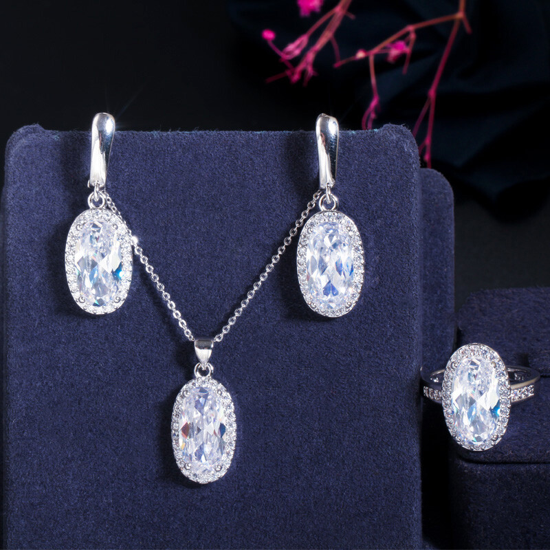 Vivid Cubic Zirconia Oval Drop Necklace Ring Earrings Silver Plated Jewelry Set