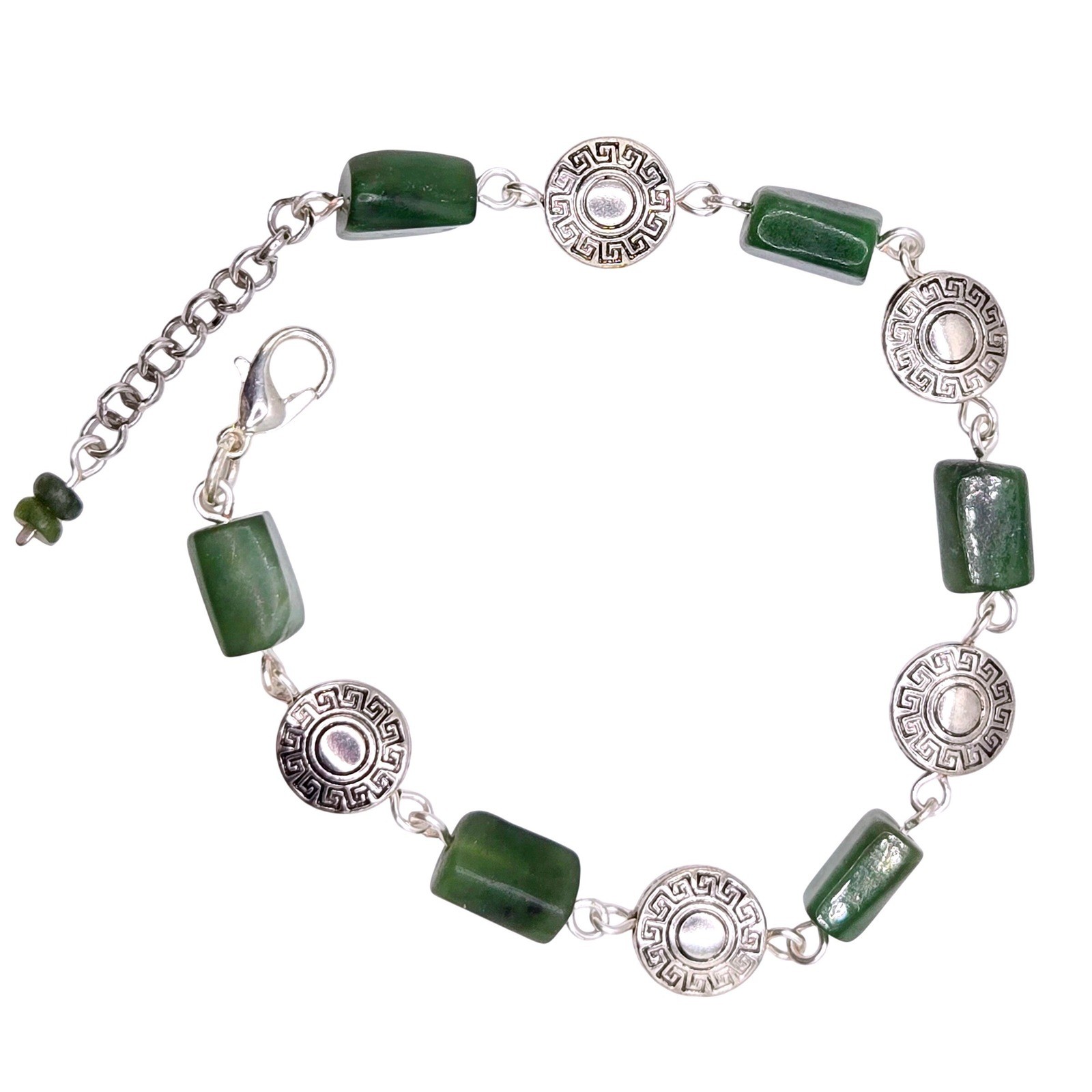 Boho Chic Green Jade & Silver Greek Key Link Bracelet Ethnic Adjustable