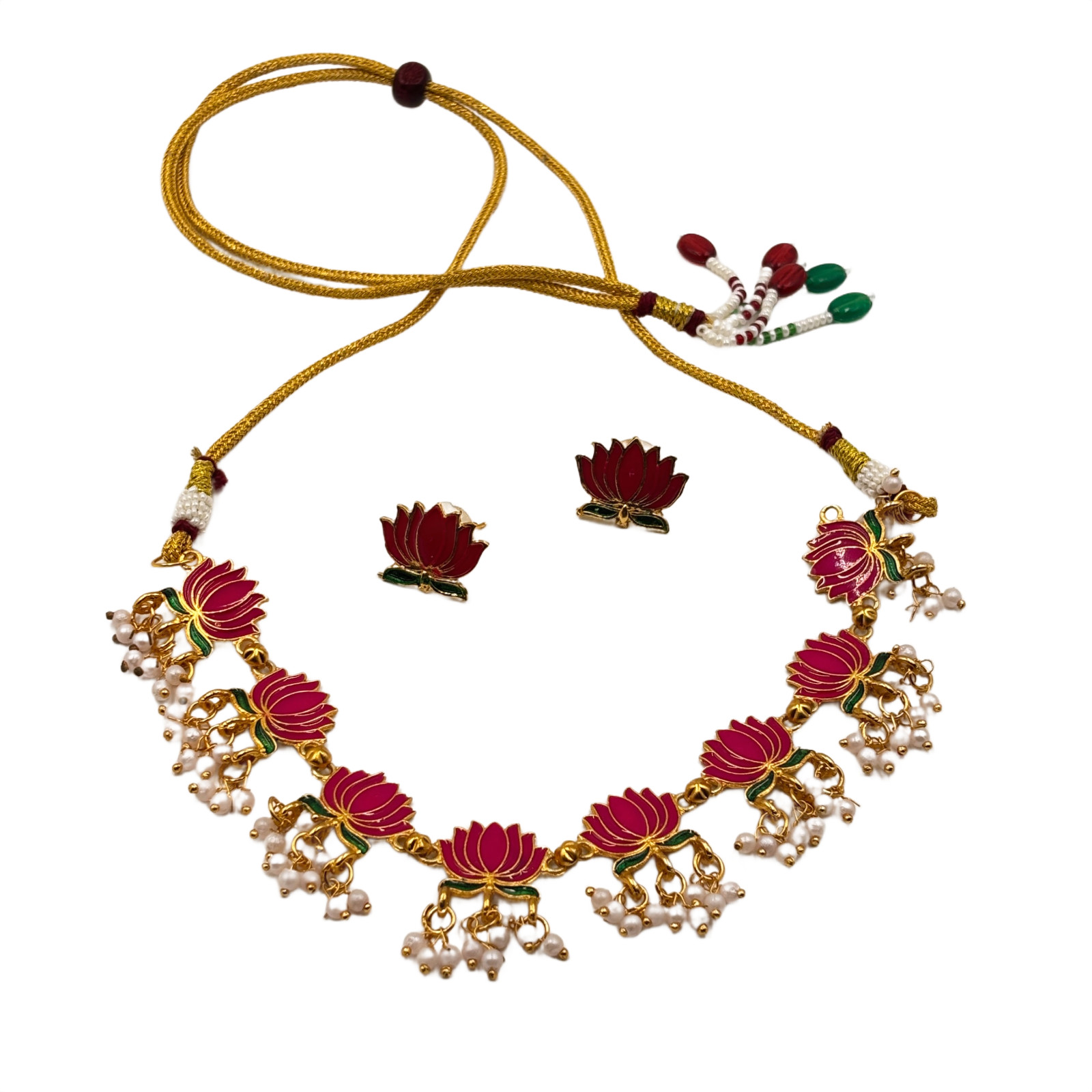 Indian Lotus Floral Necklace Set Earrings Gold Plated Red Green Enamel Dori