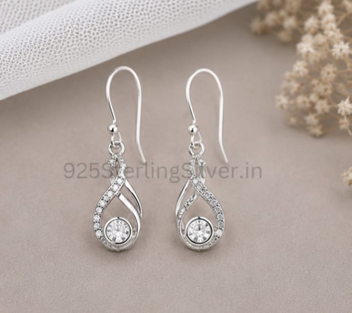 925 Sterling Silver Teardrop Swirl Dangle Earrings CZ Elegant Gift for Women
