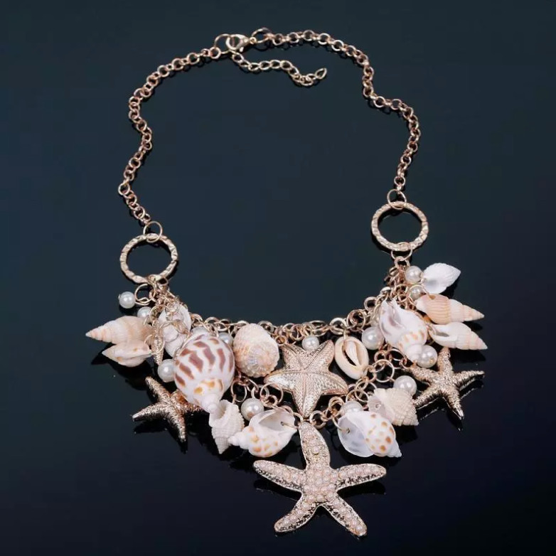 Beach Seashell Starfish Necklace Gold Chain Pearl Boho Statement Jewelry Women