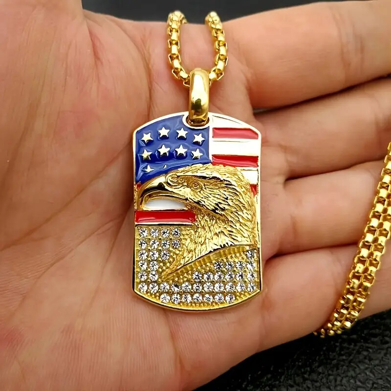 American Eagle Dog Tag Stainless Steel Pendant & 3mm 24″ Rolo Chain Necklace