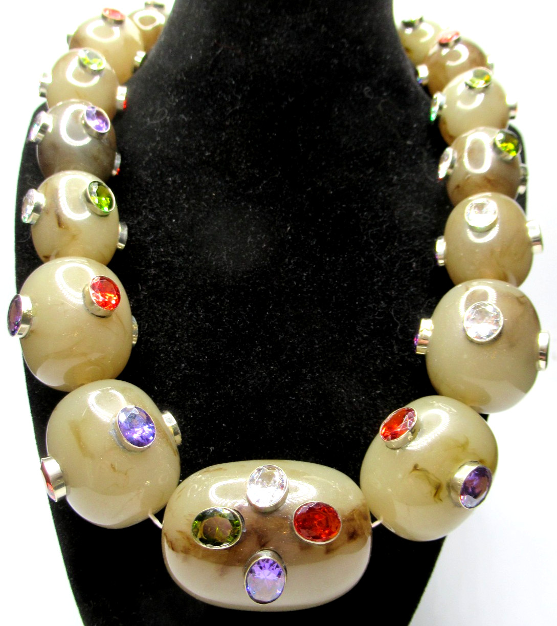 Amazing HUGE Stone Looking Lucite Bead Bezel Set Genuine Gemstone Necklace