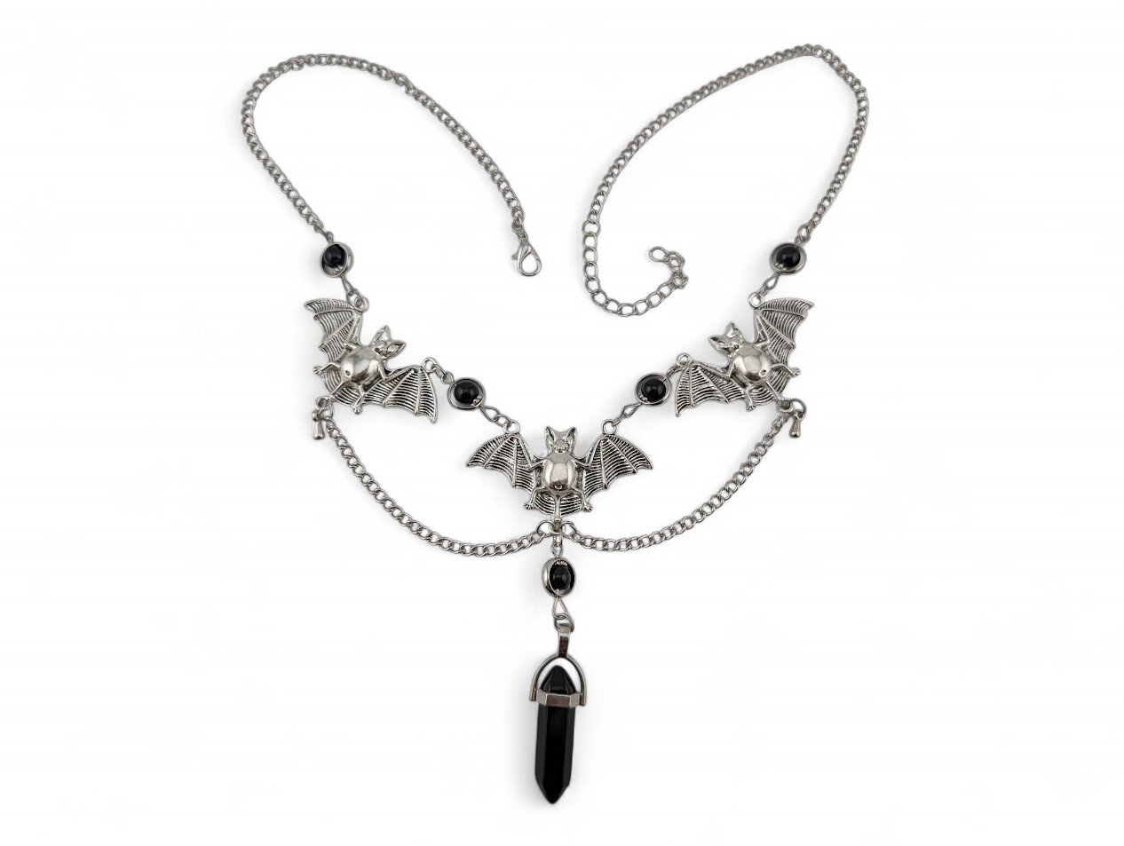 SILVERTONE VAMPIRE BAT BIB NECKLACE black beads chain choker gothic halloween R2