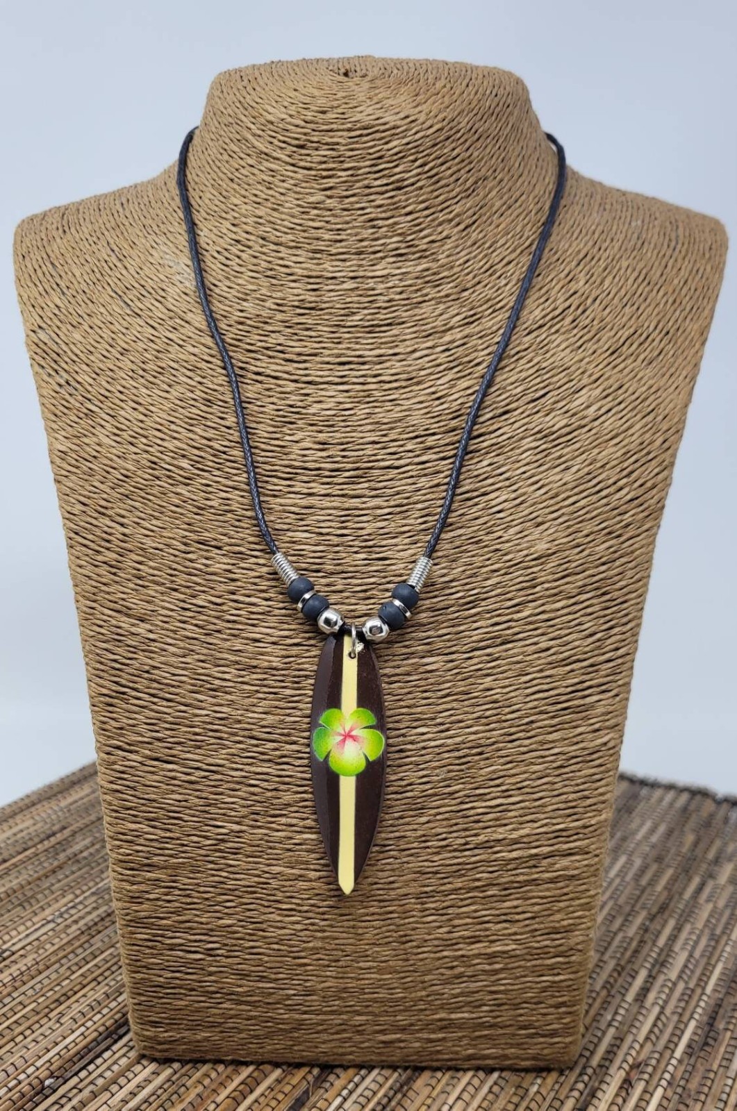 Hand Painted Surfboard Necklace Hawaiian Flower Pendant Wood Beach Unisex
